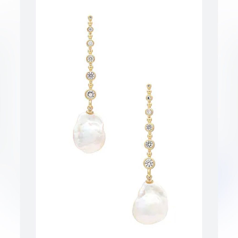 SHASHI Gold and Cream Linear Drop Earrings with Pearls Diamond Baroque Revolve